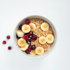 Healthy breakfast bowl with oatmeal, banana slices, and cherries. Perfect start to your day!