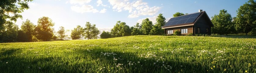 A serene landscape featuring a cozy house surrounded by lush greenery and a clear blue sky, illuminated by warm sunlight.