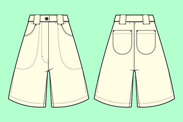 Women denim shorts front and back outline, flat sketch drawing, CAD, and template. 