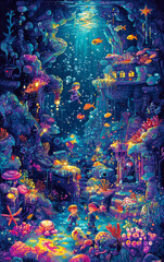 Underwater Fantasy World: a dreamlike underwater landscape with vibrant coral, a diverse array of marine life, and mystical floating figures.