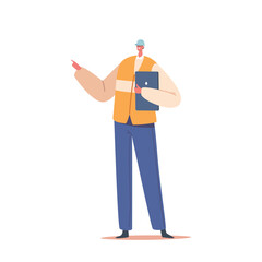 Factory Engineer Male Character Using Tablet To Monitor Production Process, Analyze Data, Optimize Operations