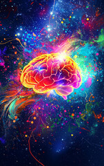 Fototapeta premium Cosmic Mind: An intricate brain, bathed in vibrant, cosmic colors, swirling amidst a dazzling nebular background, evokes a sense of wonder and the vast potential of human intellect.