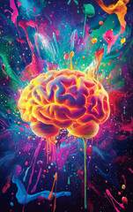 Obraz premium Brain on the canvas: This stunning visual showcases the complexity of the human brain, rendered in vibrant hues and exploding with creative energy. Capturing the essence of thought and imagination
