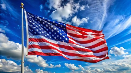 Obraz premium Panoramic American Flag on Vibrant Blue Sky - Patriotic Background Image
