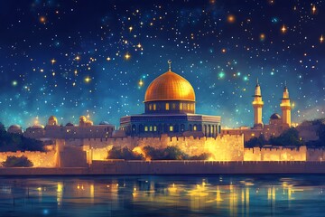 Fototapeta premium Colorful Painted Wooden Blocks on a Pastel-Colored Wooden Background, Sun shining behind the Dome of the Rock.Dome of the Rock in Jerusalem, skyline, clear blue sky, golden cupola, square.The Dome of 