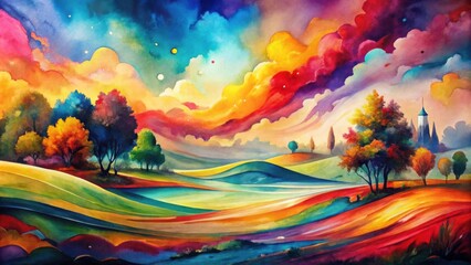 Vibrant Autumnal Landscape with Rolling Hills Under a Dreamlike Sky Featuring Colorful Trees and a Distant Spire