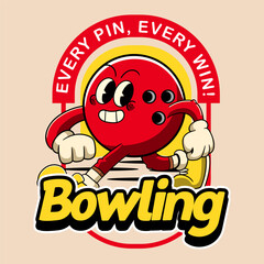 Happy Bowling Ball Sports mascot and slogans cartoon character in Vintage Style