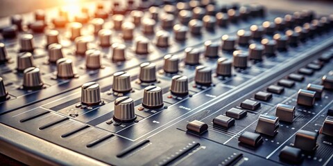 Close-up View of an Audio Mixing Console with Numerous Knobs and Buttons Under Warm Sunlight