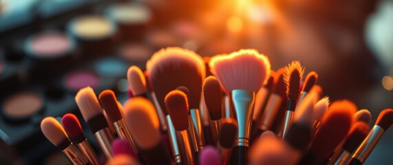 A collection of makeup brushes bathed in warm, golden light.  Perfect for beauty, cosmetics, and fashion.