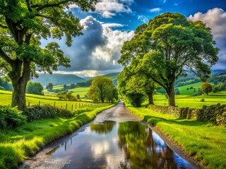 Fototapeta premium Panoramic Cumbria Country Road: Wet, Rainy, Rural England Scenic