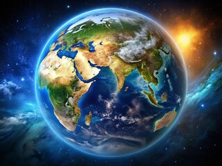 Naklejka premium Panoramic Earthrise: Stunning View of Planet Earth from Space Against Black Void