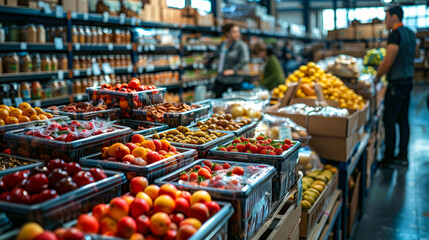 Fototapeta premium Boxes of fresh fruit in warehouse. Workers packing produce in cardboard boxes for subsequent delivery. In background are shelves full of products and area for sorting parcels for delivery. Logistics