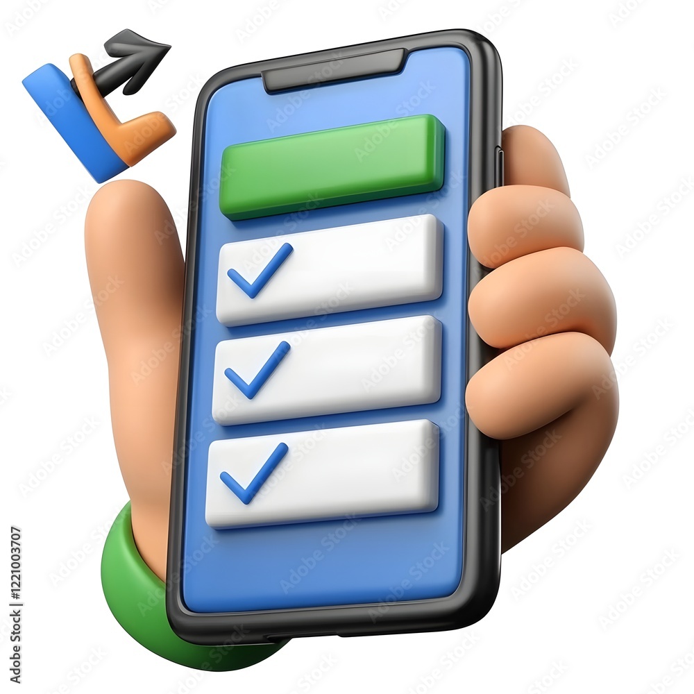 Fototapete engaging 3d cartoon design of a hand swiping through a to do list on a smartphone with progress bars