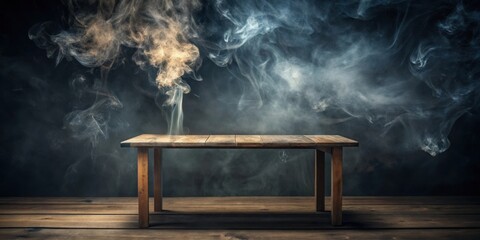 Rustic Wooden Table with Ethereal Smoke Swirling in the Background, Perfect for Product Display or Mysterious Scene Setting