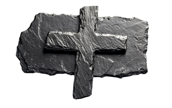 A Detailed Ash Cross on Black Slate Serving as a Powerful Symbol of Faith and Hope isolated on transparent background. Isolated on transparent background.
