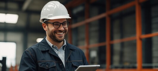 A confident engineer in an industrial setting, smiling while checking technical specifications on a tablet