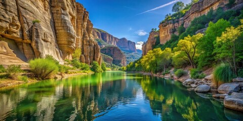 Serene Canyon River Reflecting Majestic Cliffs and Lush Greenery Under a Brilliant Sky