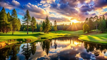 Fototapeta premium Panoramic Sunny Golf Course Fairway, Lake, Pine Trees - Stock Photo