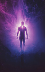 Mystical Ascent: A silhouette of a person, bathed in an ethereal glow, walks forward, symbolizing a journey towards enlightenment, set against a backdrop of celestial energy.