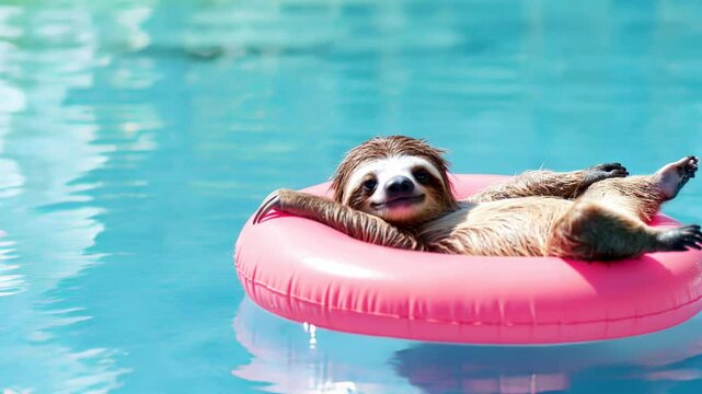 Sloth relaxing on pink inflatable pool float in blue water, perfect summer vacation concept, horizontal video