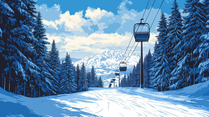 Obraz premium Beautiful ski resort in snowy mountains, ski lift, minimalist flat illustration, vector art poster, ski poster, Ultra-high resolution
