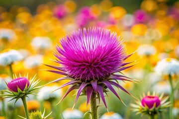 Panoramic View: Isolated Milk Thistle Flower with Blurred Daisies