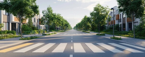 Fototapeta premium A serene street scene features a wide road lined with modern houses and lush greenery, showcasing a clear sky and a pedestrian crosswalk.