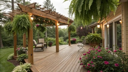 Fototapeta premium A cozy outdoor space featuring a wooden deck and a pergola draped in ferns and flowering plants, comfortable seating, patio set, outdoor furniture, pergola shade, natural foliage