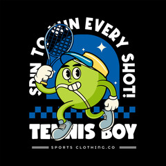 Happy Tennis Ball Sport mascot cartoon character in Vintage Style