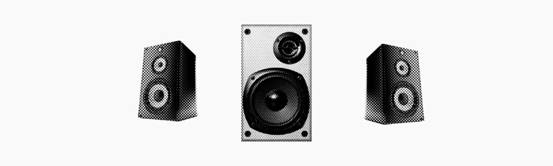 audio speaker isolated in retro halftone dotted texture music sound collage cut-out element for mixed media design vintage crazy grunge punk pop art style in white background © ayb
