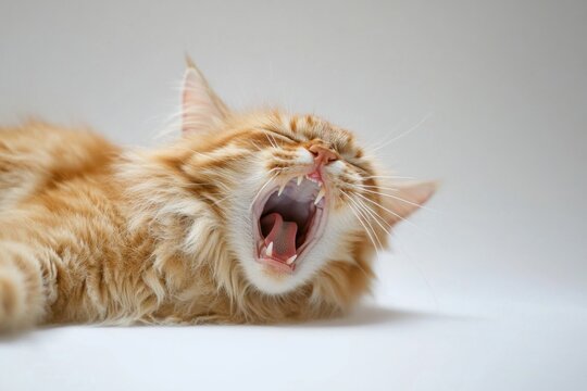 Relaxed orange tabby cat yawning on a pristine white background with soft lighting in a serene studio setting - Powered by Adobe