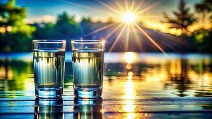 Sparkling Sunlight: Clear Glasses of Water, Refreshing Hydration Stock Photo
