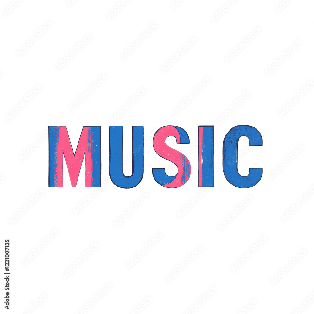 Poster the image displays the word music in a stylized abstract design using pink and blue colors.