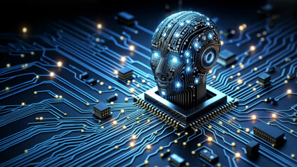 a futuristic scene with a robotic head, featuring a digital interface, set against a backdrop of a network of electronic circuits