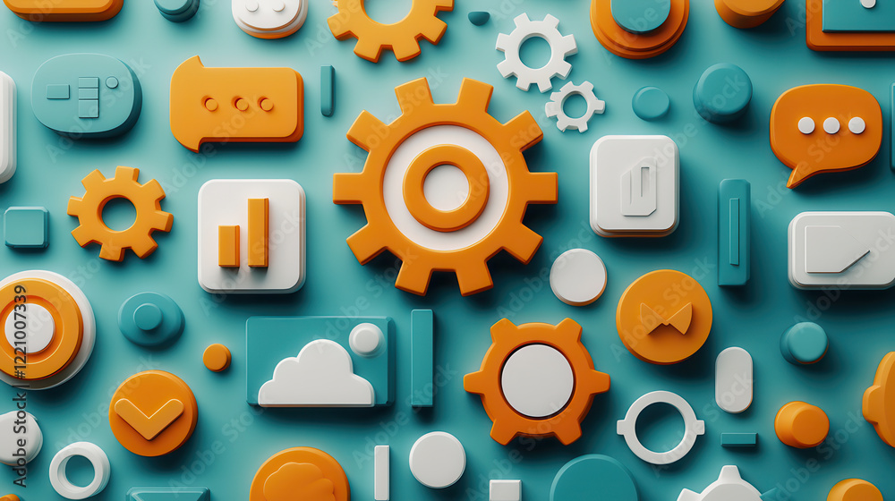Poster 3D composition of colorful app icons on turquoise background, featuring various shapes and symbols, including gears, chat bubbles, and cloud icons, creating vibrant digital atmosphere