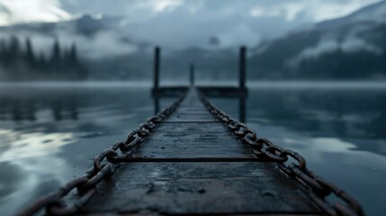 A chain link bridge over a body of water