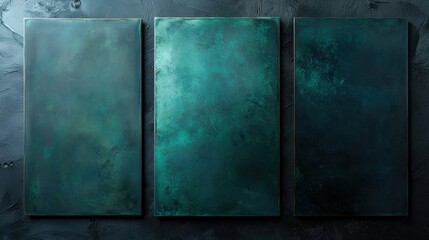 Three green framed paintings with a blue background