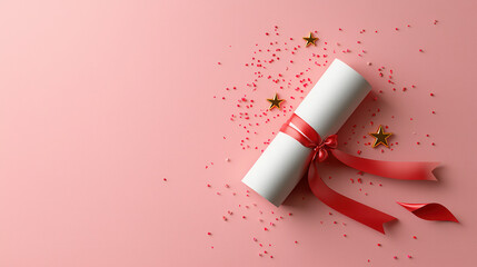 rolled diploma tied with red ribbon, surrounded by confetti and stars, symbolizes achievement and celebration. Perfect for graduation or award themes