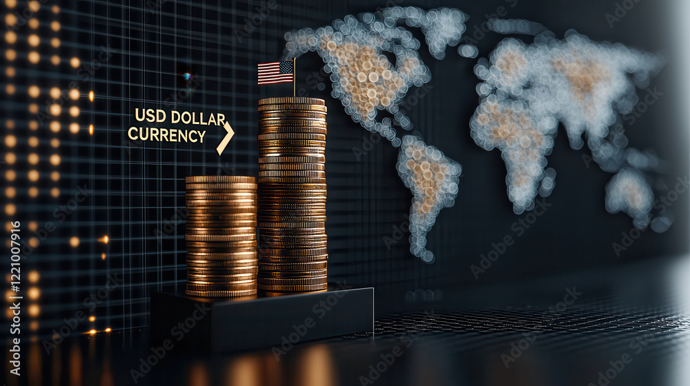 Poster stacks of gold and silver coins represent currency growth, with world map in background highlighting