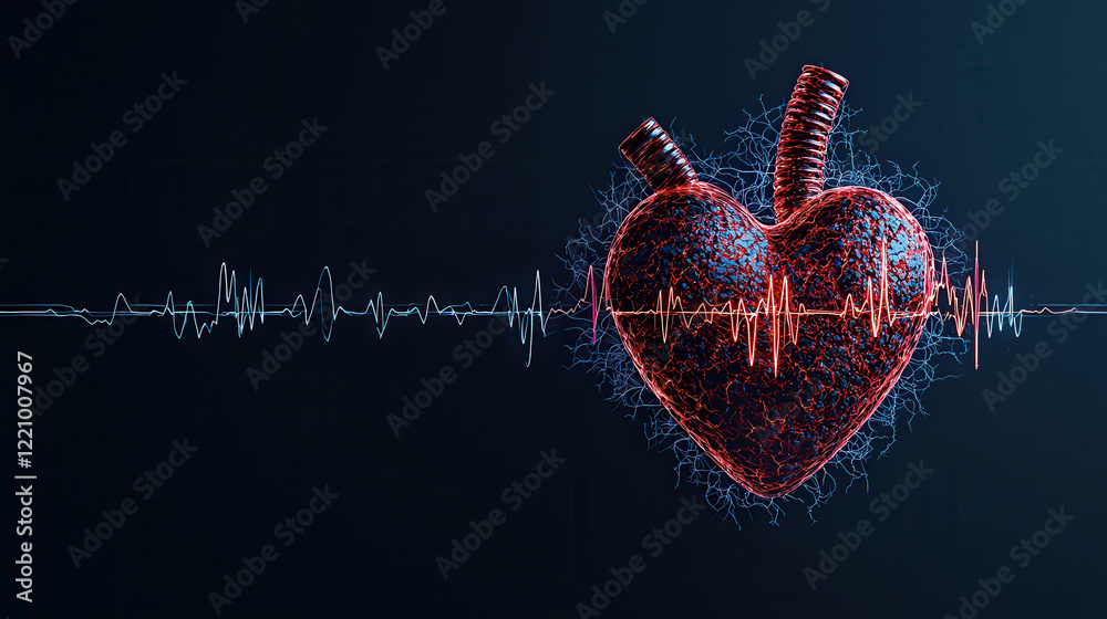 Poster 3D rendering of heart shaped pulse wave with vibrant colors and electric effects, symbolizing love and vitality. design evokes emotions of passion and energy