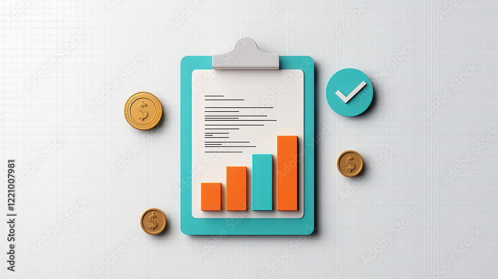 Poster modern clipboard with report and bar graph, featuring coins and checkmark, symbolizes financial grow