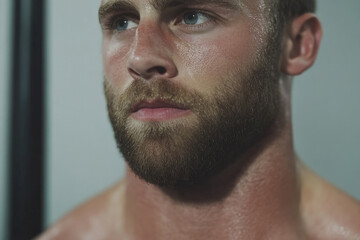 Fototapeta premium A man with a beard and sweat on his face