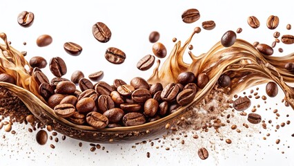 Obraz premium Splashing Coffee with Coffee Beans - Isolated White Background Stock Photo