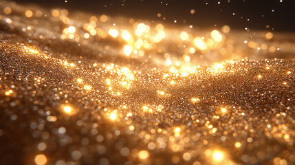 Fototapeta premium Sparkling golden glitter texture glowing with soft radiant light.