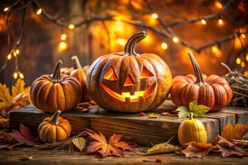 Fototapeta premium Spooky Autumn Pumpkin Display with Carved Sign - Macro Photography