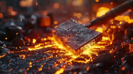 Fototapeta premium Molten Steel Forging with Power Hammer in Traditional Forge Environment