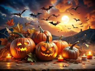 Spooky Halloween Night: Pumpkins, Bats & Orange Background - Perfect for October Festivities