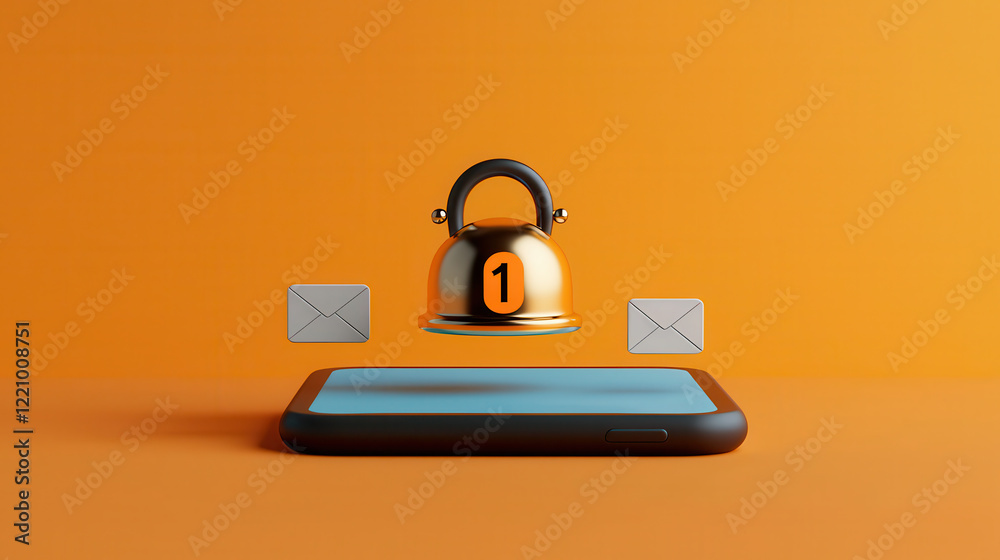 Aufkleber 3d illustration of mobile phone with security bell and email icons, symbolizing notifications and al