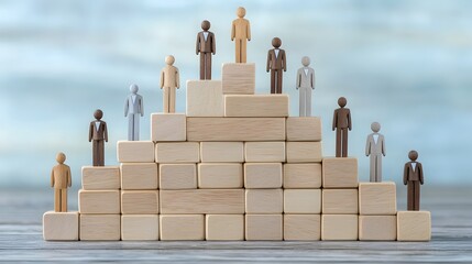 Stacked wooden blocks with diverse human figures symbolizing the concept of inclusion within an organizational structure  This visual metaphor represents the diversity unity