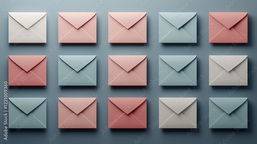 Leinwandbilder Pastel envelopes arranged in grid, showcasing smooth textures and soft colors. This visually appealing composition evokes sense of calm and organization